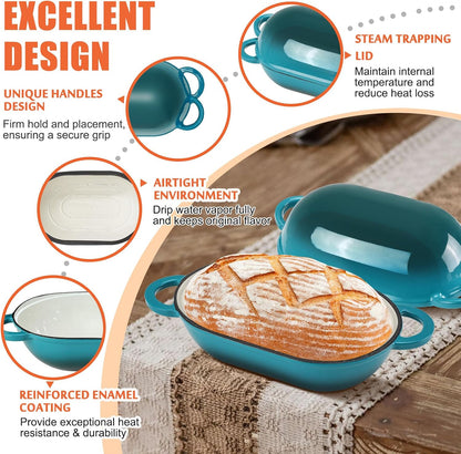 5 QT Enameled Cast Iron Sourdough Bread Oven, Loaf Pan with Lid | Oval Dutch Oven for Homemade Sourdough Bread Baking, Oven Safe up to 500°F, Meatloaf Pan with Dome Lid, Blue-Green3