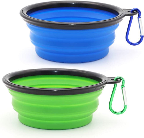 Dog Bowl Pet Collapsible Bowls, 2 Pack for Cats Dogs, Portable Pet Feeding Watering Dish for Walking Parking Traveling with 2 Carabiners (Small, Blue+Green)1