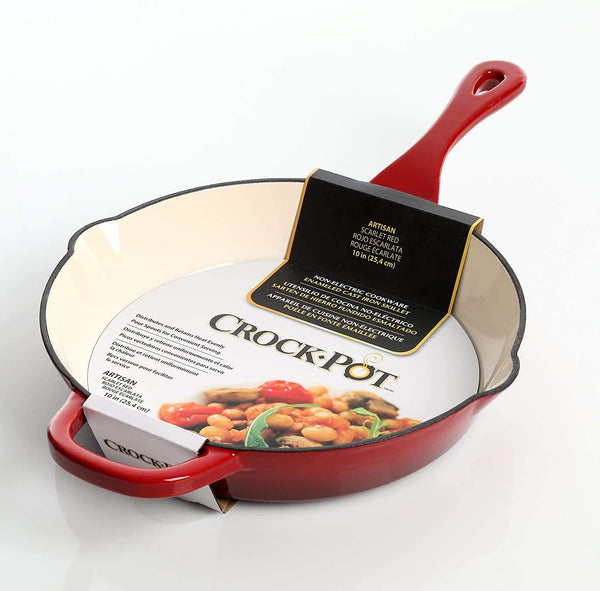 Crock-Pot 10 Inch Enameled Cast Iron Skillet with Handles - Ideal for Searing, Roasting, Frying - Even Heat Distribution, Pour Spouts - Oven-Safe & Stovetop Safe (Red)3