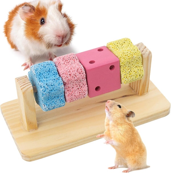 Guinea Pig Chew Toys for Teeth, Natural Hamster Lava Grinding Stone, Adds Calcium to Diet, Rotating Rat Enrichment Toys Wood Stand for Syrian & Dwarf Hamsters, Rats, Guinea Pig, Chinchillas1