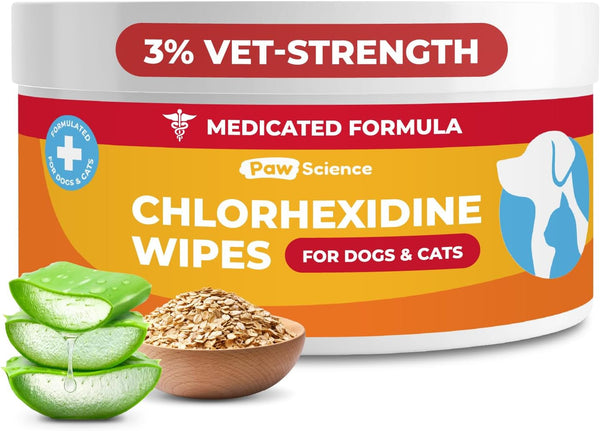 Paw Science 3% Chlorhexidine Wipes for Dogs and Cats - Cleansing Antiseptic, Antibacterial, Antifungal Wipes with Aloe for Skin Infections, Itchy Yeast Paws, Cat Acne1