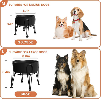 Elevated Dog Bowls, Ceramic Raised Dog Bowl Set with Anti-Slip and Non-Tip Metal Stand, 2 Pack Pet Food and Water Feeding Bowls for Small and Medium Dogs (Black,3.6 Cups)3