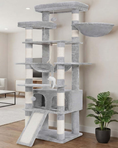 Heybly Cat Tree, 71-Inch-Tall Tower for Indoor Cats with 2 Perches HCT034W | Large Cat Furniture with 2 Big Condos, 2 Hammocks, Basket, Scratching Pad, Multi-Level Cat Condo, Light Gray10