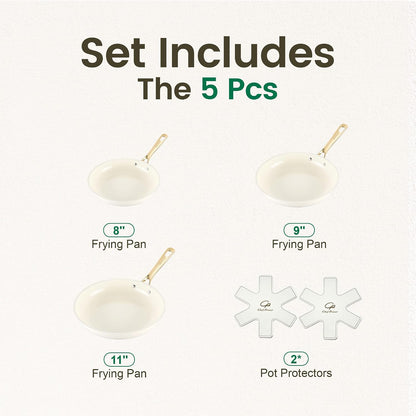 Ceramic Frying Pan with Stainless Steel Handle 5Pcs Set, Non Stick Grill Pan Set, Dishwasher and Oven Safe, Cream White and Light Gold Handle2