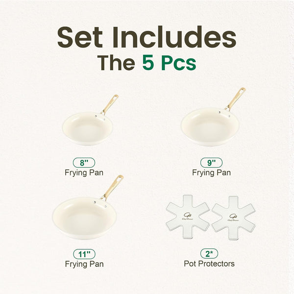 Ceramic Frying Pan with Stainless Steel Handle 5Pcs Set, Non Stick Grill Pan Set, Dishwasher and Oven Safe, Cream White and Light Gold Handle2