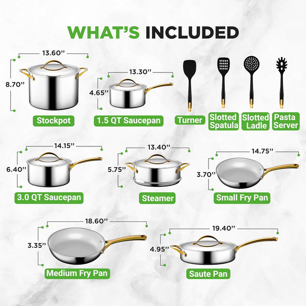16-Piece Stainless Steel Kitchenware - Pots & Pans Set Clad Kitchen Cookware with Nylon Utensils, Fry Pan Interior Coated with Prestige Ceramic Non-Stick Coating, Stylish Kitchen Cookware3