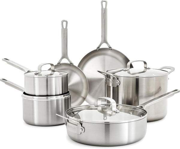 X Bobby Flay 10 Piece Stainless Steel Cookware Set, Tri-Ply Multiclad Pots & Pans, Professional Grade, Oven & Broiler Safe to 600°F, Dishwasher Safe, Durable, Induction Compatible, Silver1