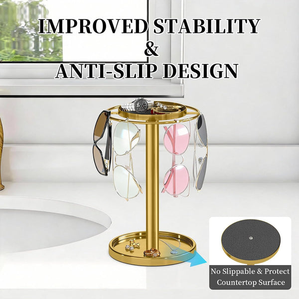 360° Rotating Sunglasses Organizer, Glasses Holder with Organizer Tray | Stainless Steel Eyeglasses Holder with Storage Base for Dresser, Desk Table, Nightstand & Home Decor, Gold5