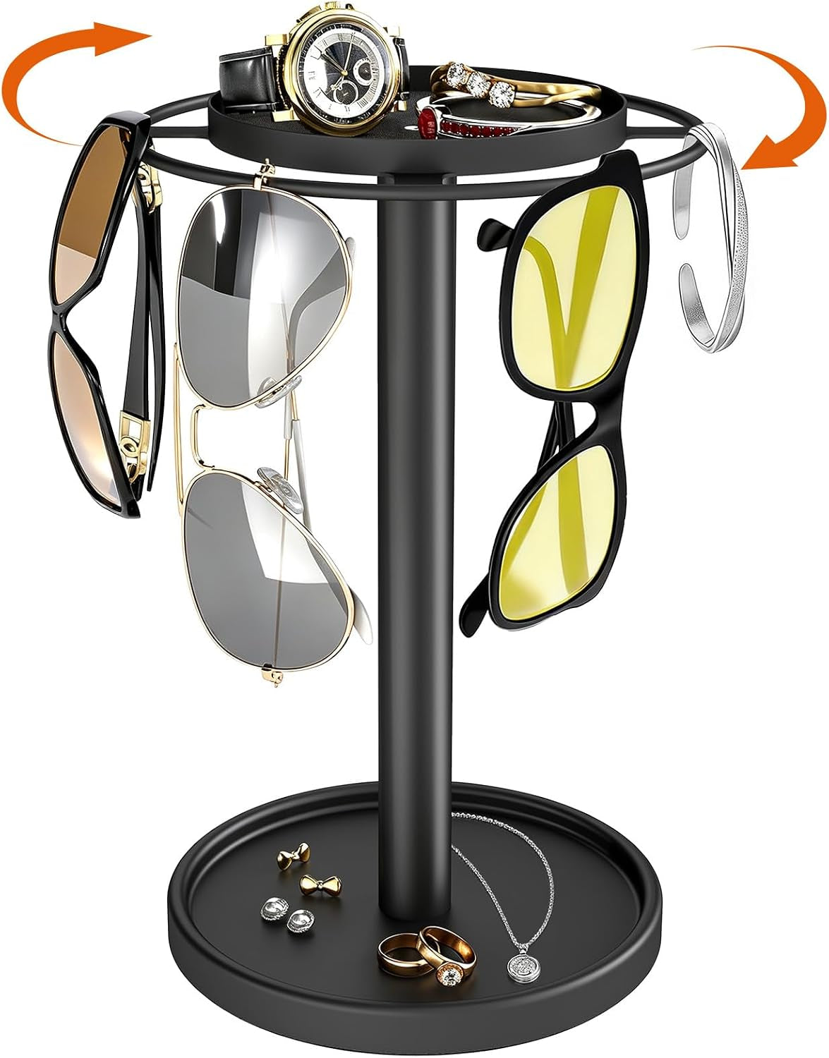 360-rotating-sunglasses-organizer-glasses-holder-with-organizer-tray-stainless-steel-eyeglasses-holder-with-storage-base-for-dresser-desk-table-nightstand-home-decor-black