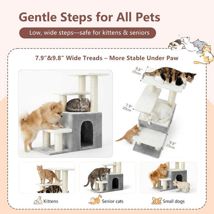 Heybly Cat Scratching Post, Pet Steps for Indoor Cats and Dogs, HSP002SWWH | Small Cat Tree with Cat Condo, Pet Stairs with Full Wrapped Sisal Posts & Soft Plush Fabric, Light Gray & White3