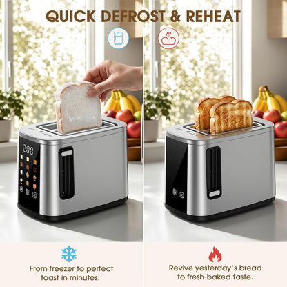 2 Slice Toaster with Touch Screen, 1.5" Extra Wide Slots for Bagels & Thick Bread, Stainless Steel, Digital Countdown Timer, 6 Shade Settings, Defrost/Reheat/Cancel, Removable Crumb Tray6