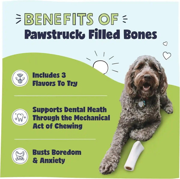 Pawstruck Large 5-6” Filled Dog Bones Variety Pack - Peanut Butter, Cheese & Bacon, Beef Flavors - Made in USA, Long Lasting Stuffed Femur Treat for Aggressive Chewers - Pack of 3, Packaging May Vary2