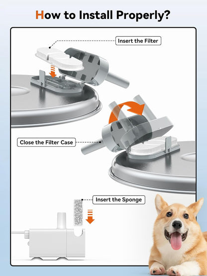 3.4Gal Dog Water Fountain for Large Dogs, Extra Large Stainless Steel Pet Water Fountain, round Dog Water Bowl Dispenser with Metal Handle, Water Level Window for Multi Pet Home(6 Filters)2