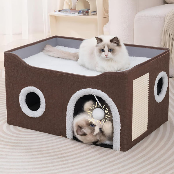 Loyareal Cat Houses for Indoor Cats - Large Cat Bed Cave with Scratch Pad and Fluffy Ball, Foldable Cat Condo Hideaway with Reversible Cushion for Multi Small Pet, Dark Grey13