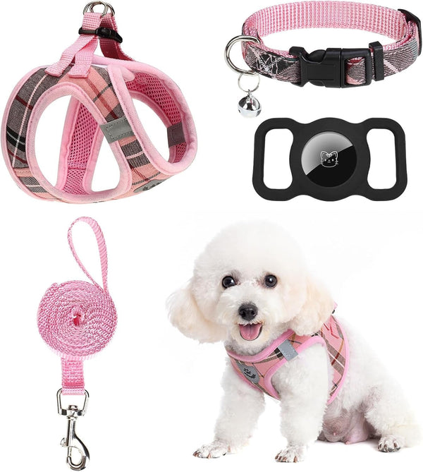EXPAWLORER Plaid Small Dog Harness and Leash Set with Airtag Holder - No Pull Soft Padded Step in Dog Vest Harness Medium Sized Dog, Reflective Puppy Harness, Collar and Leash for Walking, Khaki S25
