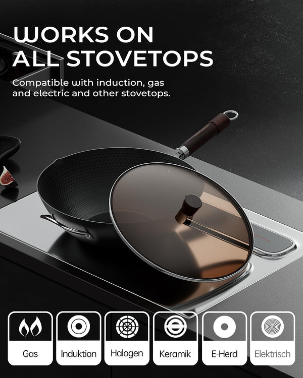 Carbon Steel Wok Pan, Tripole Nitrided Pre-Seasoned Flat Bottom Woks & Stir-Fry Pans Nonstick, Chinese Wok with Glass Lid for All Stovetops, Gift for Chef - 13.4 Inch7