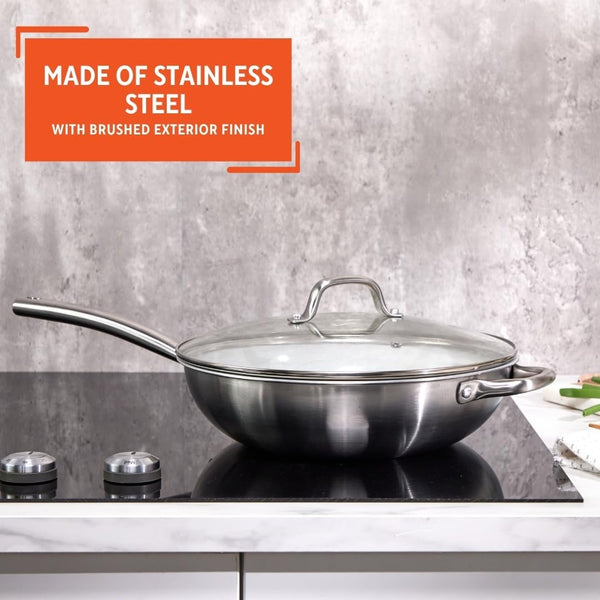 12 Inch 2 Ply Aluminum Ceramic Wok with Glass Lid, Gray | Ceramic Nonstick Interior, 2 Ply Construction, Long and Helper Handles, Ideal for Fried Rice, Noodles and Everyday Cooking4