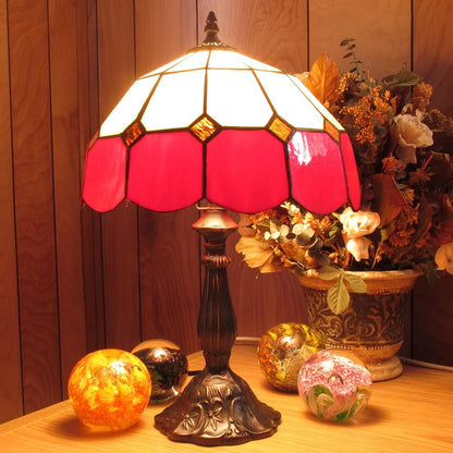 Red and White Genuine Stained Glass Shade & Lamp Base - Perfect for a Living Room, Bedroom, Office, & More1