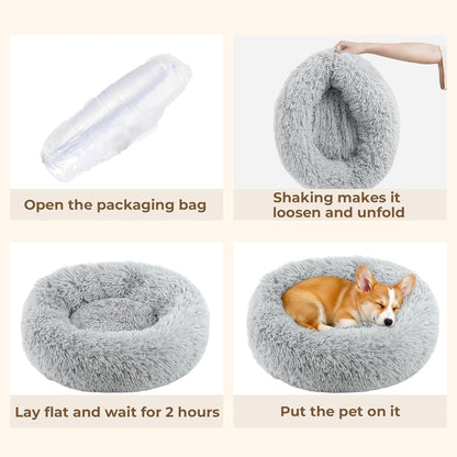 Calming Donut Dog and Cat Bed for Indoor Cats, Anti-Anxiety round Fluffy Soft Washable Small Pet Bed for Puppy and Kitten, Warming Comfortable Luxury Anti-Slip Waterproof Mute Base 20In Gray7