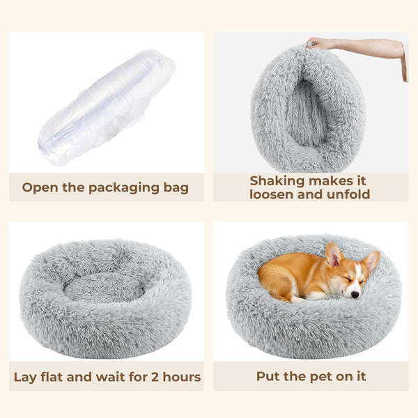 Calming Donut Dog and Cat Bed for Indoor Cats, Anti-Anxiety round Fluffy Soft Washable Small Pet Bed for Puppy and Kitten, Warming Comfortable Luxury Anti-Slip Waterproof Mute Base 20In Gray7