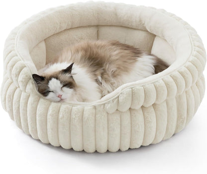 Bedsure Comfyfleece™ Washable Cute Large Cat Bed,Soft round Puppy Bed,23In | Cozy Fluffy Plush Small Dog Bed,Donut Corduroy Cuddler Pet Beds for Indoor Big Cats,Anti-Slip Bottom,Up to 20 Lbs,Cream1