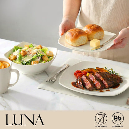 Luna Plates and Bowls Sets, 16 Piece Modern Porcelain Dish Set for 4, Chip and Scratch Resistant Square Dinnerware Set, Microwave and Dishwasher Safe, Pearl White2