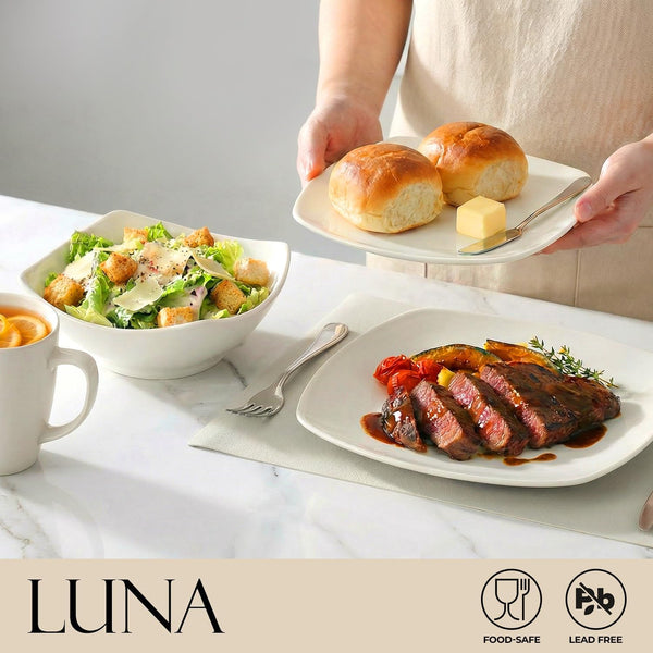 Luna Plates and Bowls Sets, 16 Piece Modern Porcelain Dish Set for 4, Chip and Scratch Resistant Square Dinnerware Set, Microwave and Dishwasher Safe, Pearl White2