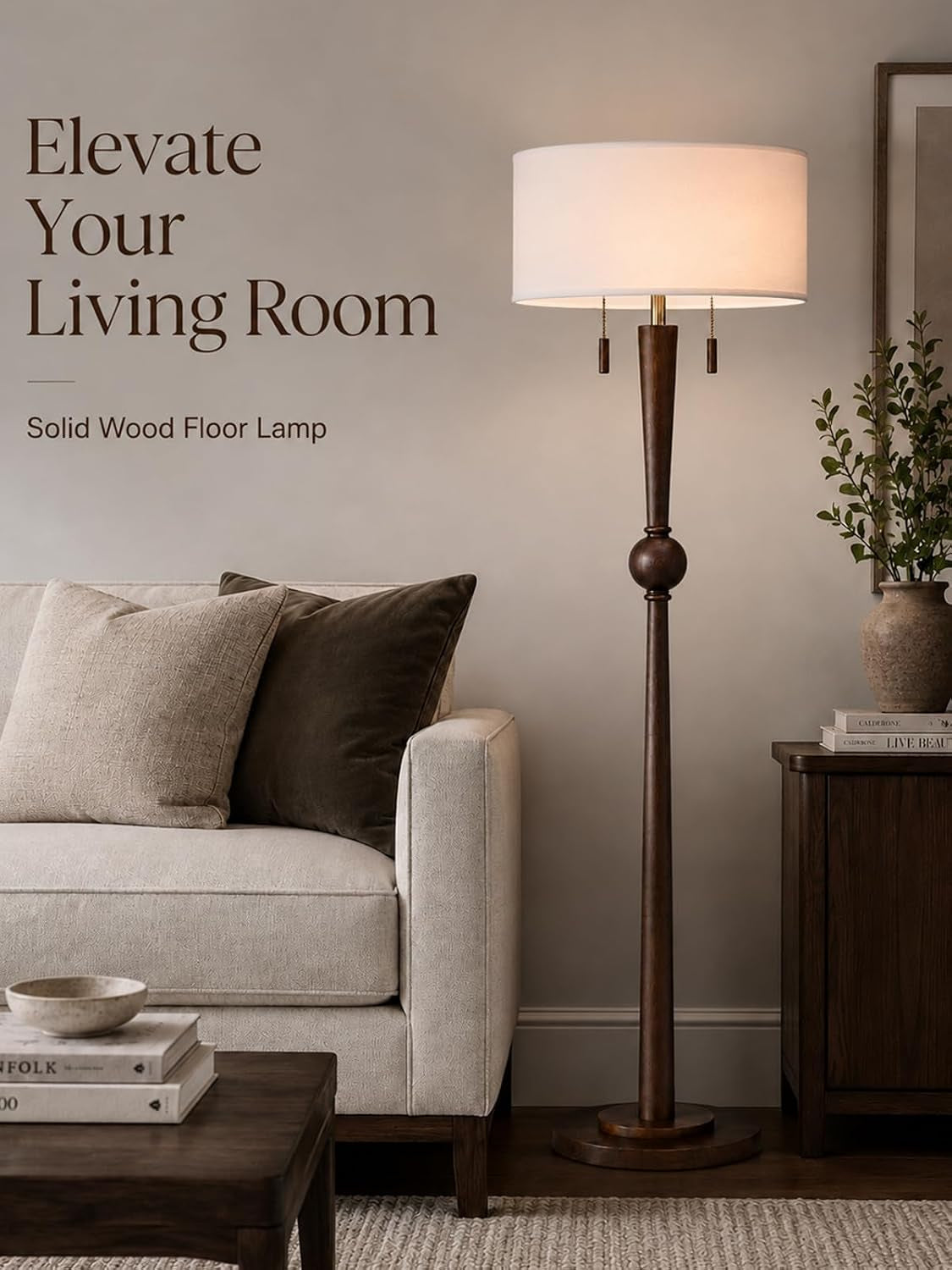 solid-wood-floor-lamp-for-living-room-pull-chains-standing-lamp-62-8-tall-17-white-drum-shade-sculptural-wood-base-stem-2-light-design-standing-lamp-for-bedroom-2-bulbs-included