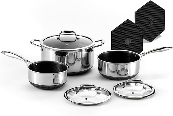 Hexclad Hybrid Nonstick 6 Pc Pot Set & Trivets, 2, 3, and 8-Qt Pots & Lids | Stay-Cool Handles, Dishwasher and Oven Safe, Compatible with All Cooktops, Induction Ready1