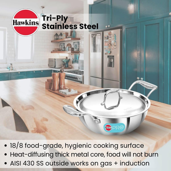 Pro 2.5 Litre Deep-Fry Pan, Triply Stainless Steel Kadhai with Stainless Steel Handles and Stainless Steel Lid, Silver (PSK25S)2