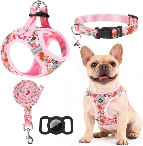 EXPAWLORER Plaid Small Dog Harness and Leash Set with Airtag Holder - No Pull Soft Padded Step in Dog Vest Harness Medium Sized Dog, Reflective Puppy Harness, Collar and Leash for Walking, Khaki S15