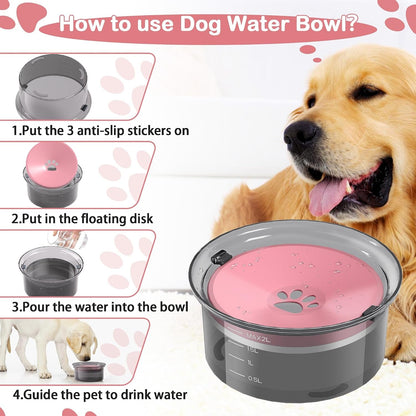 2L Dog Water Bowl Large Capacity Slow Water Feeder, No Spill Dog Bowl Splash Proof Pet Water Dispenser,Vehicle Carried Travel Water Floating Bowl for Dogs/Cats/Pets (Pink)4