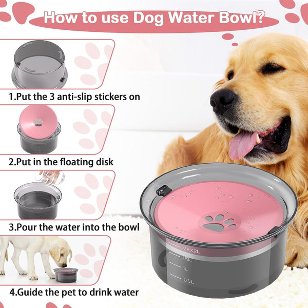 2L Dog Water Bowl Large Capacity Slow Water Feeder, No Spill Dog Bowl Splash Proof Pet Water Dispenser,Vehicle Carried Travel Water Floating Bowl for Dogs/Cats/Pets (Pink)4