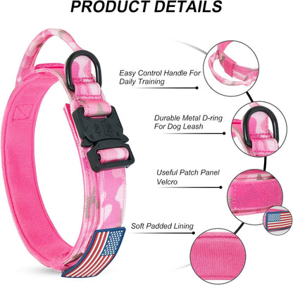 Hotsky Tactical Dog Collar and Leash Set, Heavy Duty Military Airtag Dog Collar with Handle and Metal Buckle for Training and Walking, with Airtag Holder and Two Patches (Pink Camo, M)3