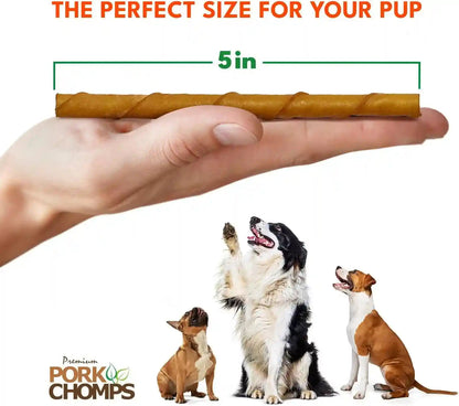 Pork Chomps Roasted Pork Skin Dog Chews, 5 Inch Mini Twists, 20 Count - Long-Lasting Treats for Dogs - High Protein, Rawhide-Free, Low Fat, Healthy & Delicious Chews4
