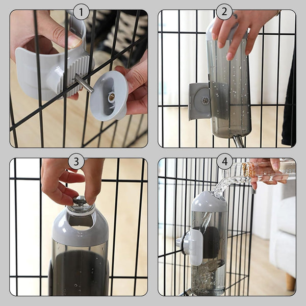 Pet Water Bottle Hanging Dog Water Dispenser Kennel Drinker Kettle Feeder BPA Free Cage Crate Hutch Puppy Cat Rabbit (17Oz, Gray)5