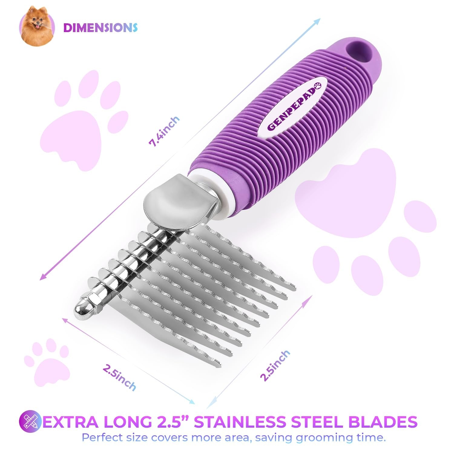 genpepado-dematting-undercoat-rake-comb-for-dogs-cats-with-long-2-5-in-stainless-steel-safety-blades-for-removing-knots-mats-tangles-pet-grooming-deshedding-brush-tool-with-anti-slip-grip