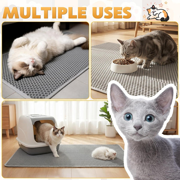 Cat Litter Mat 46"X26", Double Layer Waterproof Litterbox Mat, Gray | Non-Slip Backing, Washable for Easy Cleanup, Traps Stray Litter with Waterproof Honeycomb Large Grid That Is Urine-Proof.6