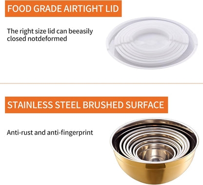 Gold Mixing Bowls with Airtight Lids, Stainless Steel Nesting Mixing Bowls Set of 7, Ideal for Baking, Prepping and Serving Food, Size 7, 3.6, 2.7, 2.1, 1.5, 1.1,0.8 QT, Stackable Design5
