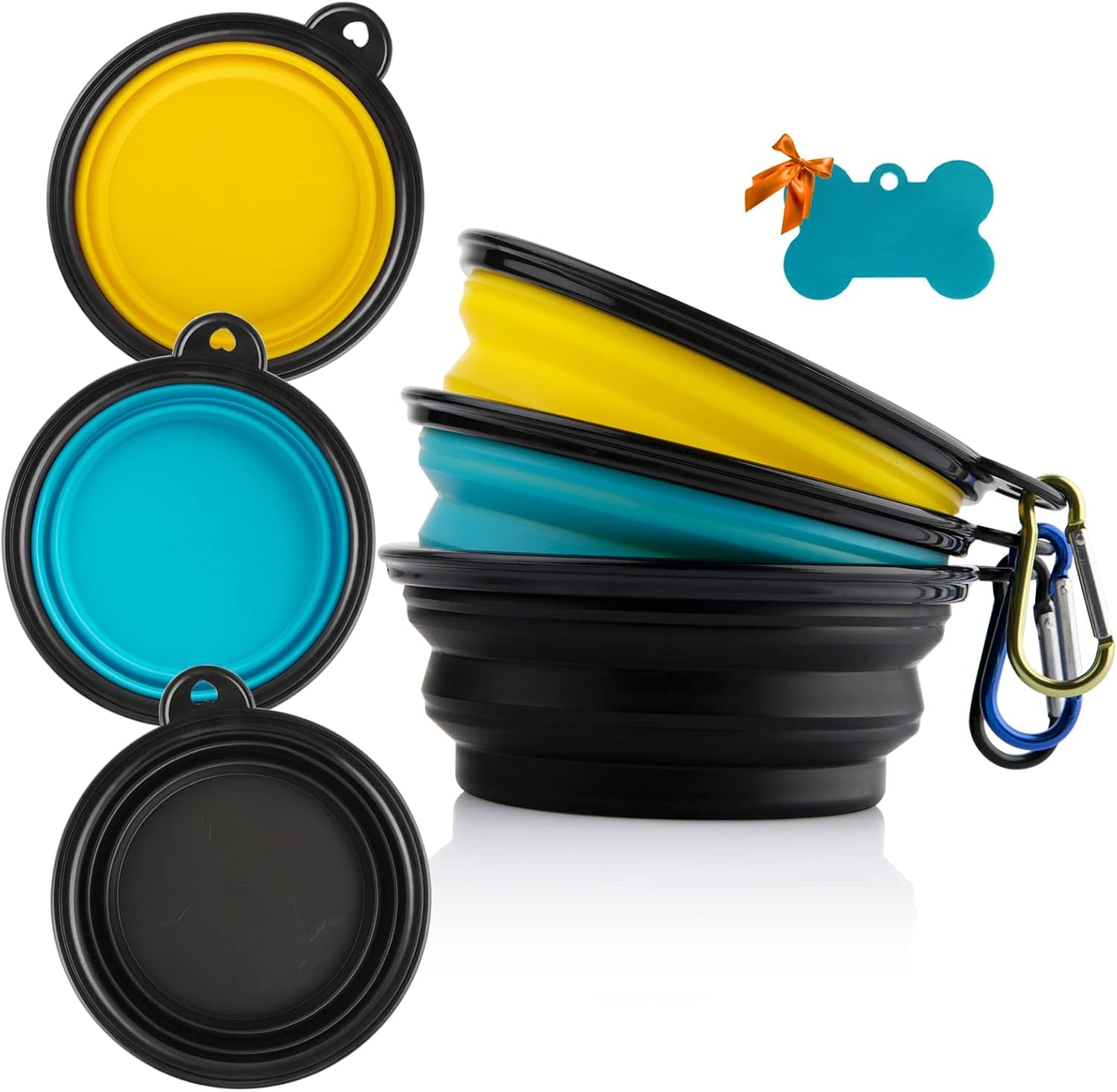 collapsible-silicone-dog-bowls-3-pack-travel-pet-food-water-bowls-orange-green-blue-5-1-in-wide-2-1-in-tall-folds-to-0-5-in-holds-12-oz-water-or-1-5-cups-food-includes-id-tag