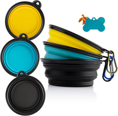 Collapsible Silicone Dog Bowls, 3-Pack Travel Pet Food Water Bowls | Orange, Green & Blue. 5.1 in Wide, 2.1 in Tall, Folds to 0.5 In. Holds 12 Oz Water or 1.5 Cups Food. Includes ID Tag.7