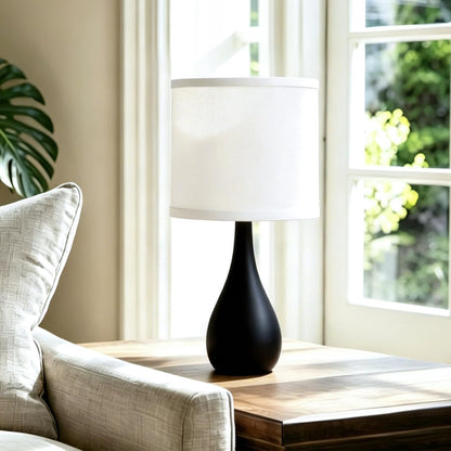 Farmhouse Style Table Lamp, Bulb Not Included, Pack of 1, Black | Decor Desk Lamp for Bedroom Nightstand Living Room, White Linen Cylinder Lampshade with Black Solid Metal Droplet Base1