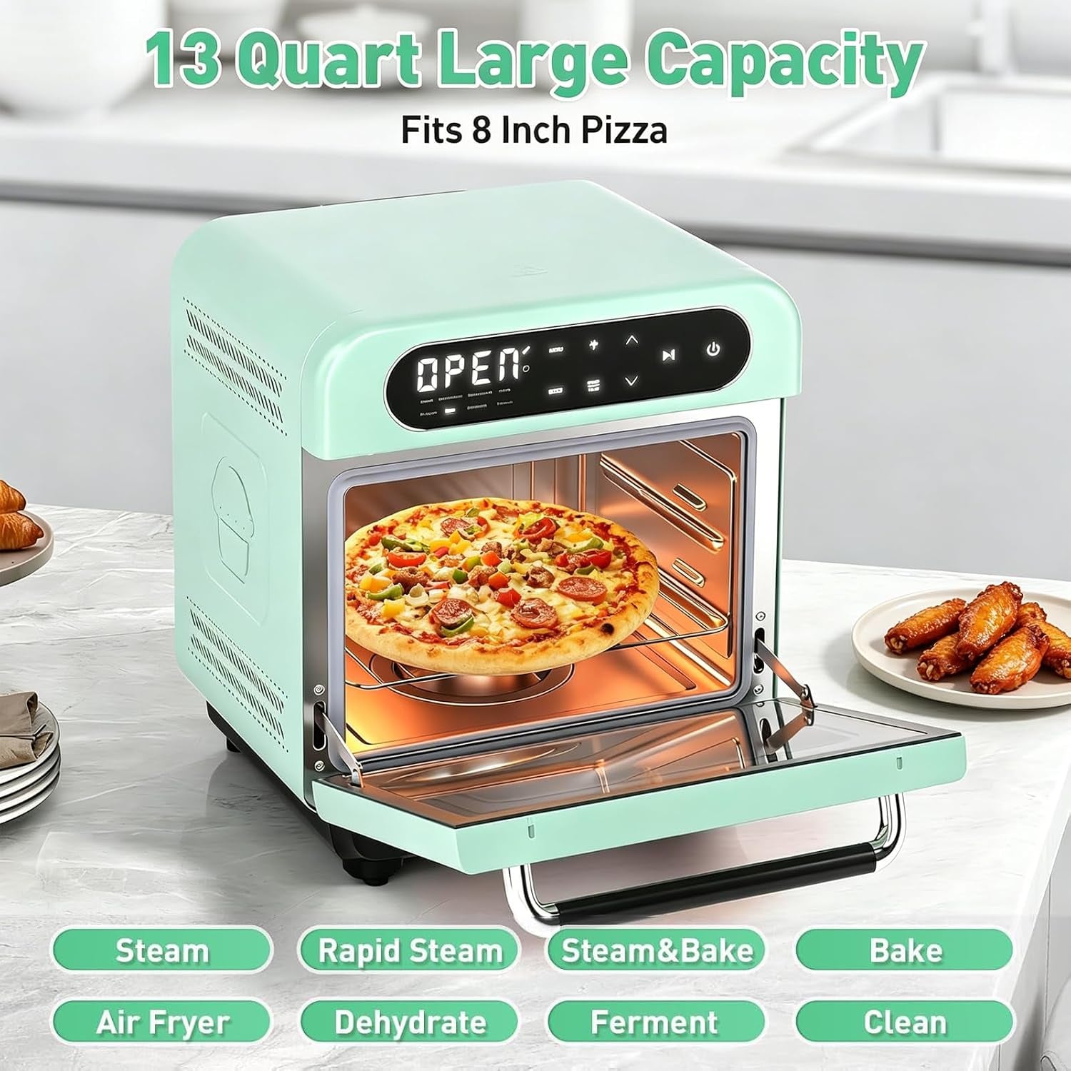 13-quart-steam-air-fryer-oven-10-in-1-multifunction-convection-toaster-oven-with-rapid-steam-bake-dehydrate-ferment-healthy-nutritious-food-steamer-compact-countertop-oven-mint-green