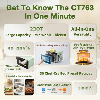 Toaster Air Fryer Combi Oven, Countertop Steam Oven 14-In-1 with Convection Steam Roast & Bake, Multi-Stage Cooking, Self-Clean, 7 Modes, 30 Built-In Recipes, for Kitchen Pizza Baking (Green)9