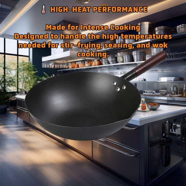 13.5 Inch Carbon Steel Wok – Pre-Seasoned Flat Bottom Stir Fry Pan with Honeycomb Nonstick & Rust-Resistant Nitriding Technology2
