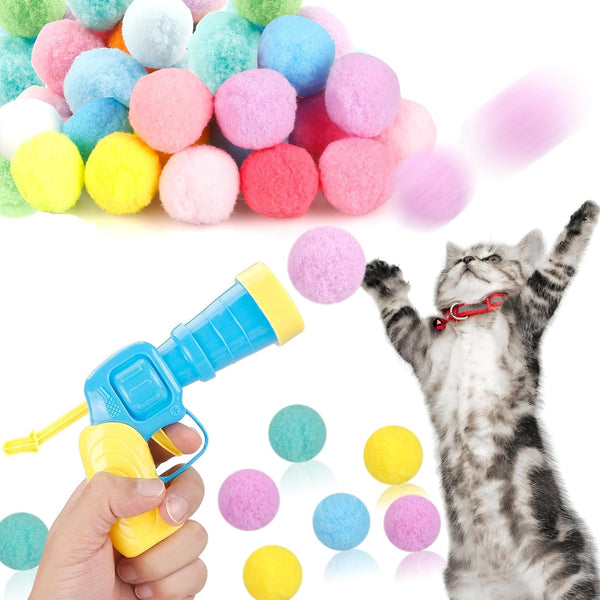 Meohui 31Pcs Cat Ball Toy Launcher Gun,Cat Balls Fetch Toy,30Pcs Plush Fuzzy Balls Launcher Cat Toy for Cats with 1 Gun,Funny Interactive Cat Toys for Bored Indoor Adult Cats,Cute Kitten Kitty Toys1