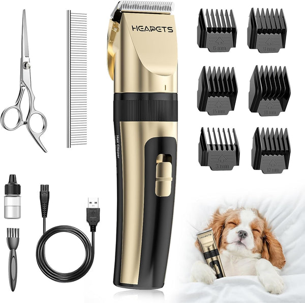 HEAPETS Dog Grooming Clippers, Low Noise, Electric Quiet, Adjustable Clipper Comb, Rechargeable Cordless Dog Hair Clippers for Dogs Cats Pets, Gold1