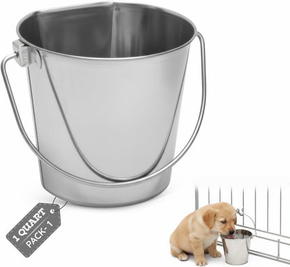 Stainless Steel Flat Side Bucket 1 Quart (0.25 Gallon)- Heavy Duty Hanging Food & Water Pail for Dogs, Cats, Birds, Kennel, Cages & Crates, Durable Rustproof Multi-Purpose Feeding Buckets1
