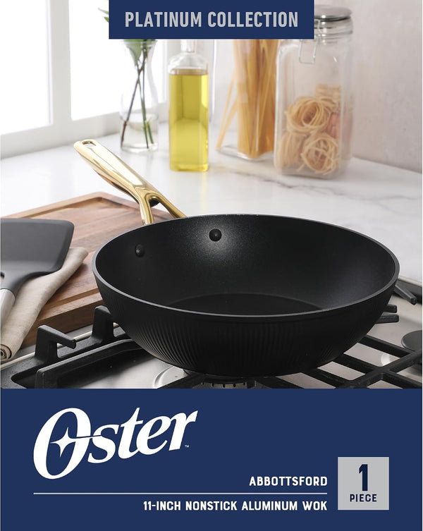 Oster Platinum Abbottsford 11-Inch Matte Black Ceramic Nonstick Wok with Gold Stainless Steel Handle — Flat Bottom, Oven & Induction Safe2
