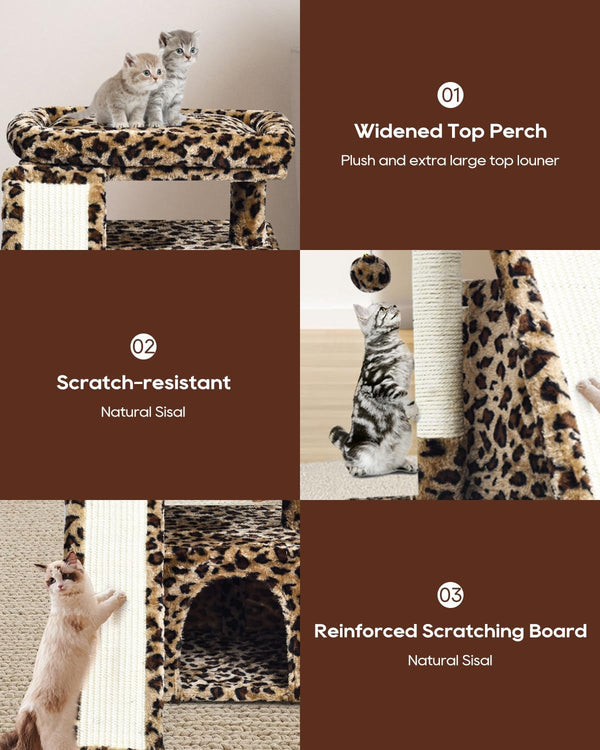 Small Leopard Print Cat Tree for Indoor Cats | Short Tower with Scratching Post, Ramp Pad, Condo with Perch Bed, Kittens Play House, Hanging Plush Ball & Cave for Resting (Leopard Print)4